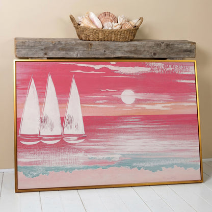 Pink Sailboat at Sunset Canvas Wall Art in antique gold floating frame