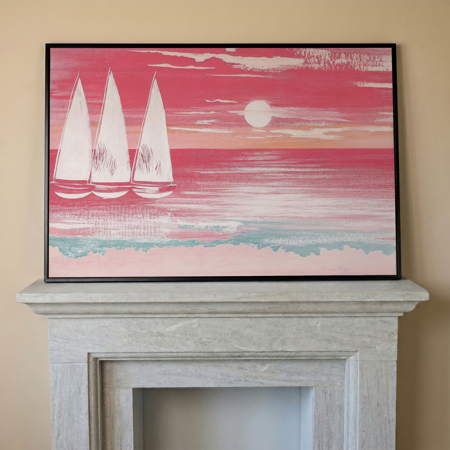 Pink Sailboat at Sunset Canvas Wall Art in black floating frame