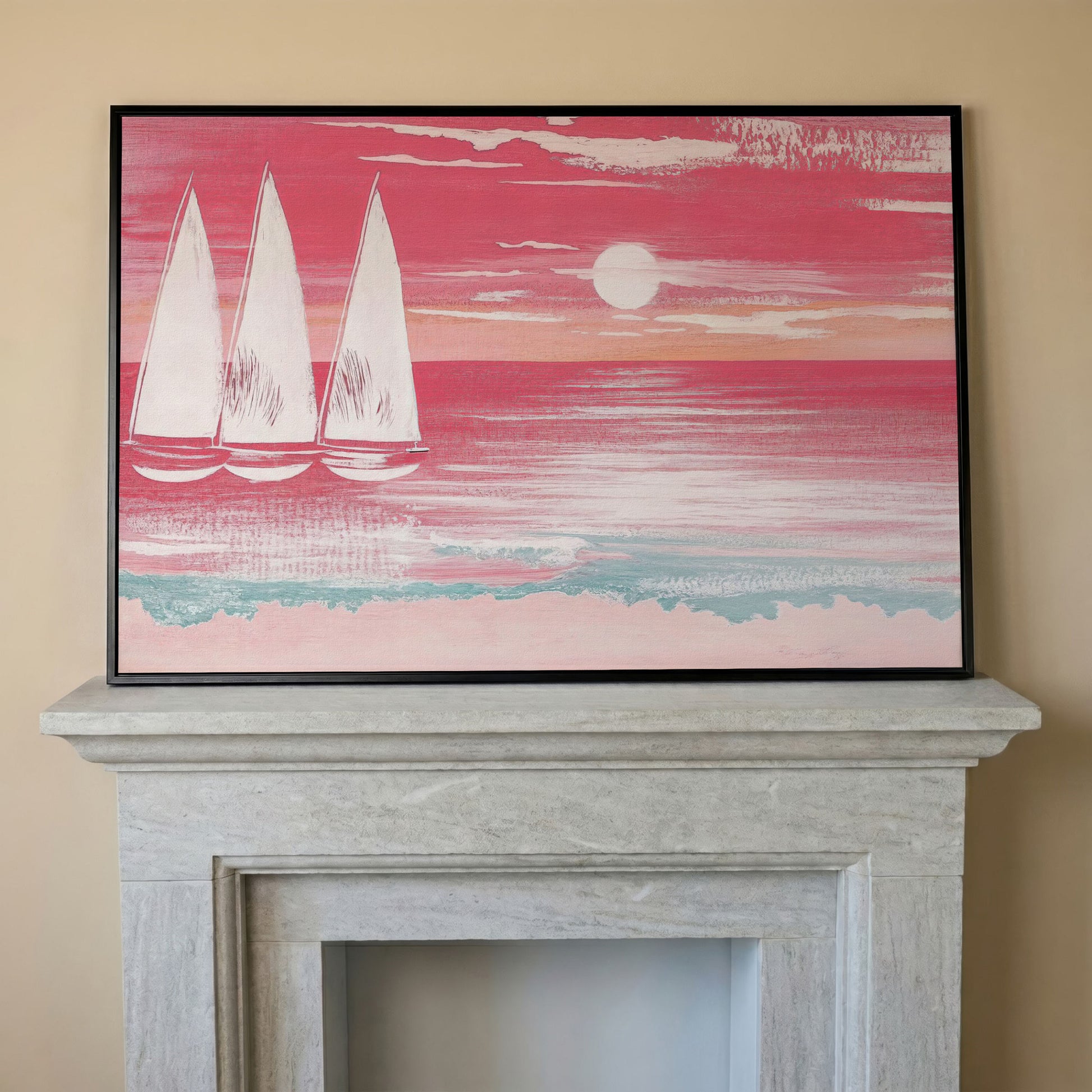 Pink Sailboat at Sunset Canvas Wall Art in black floating frame