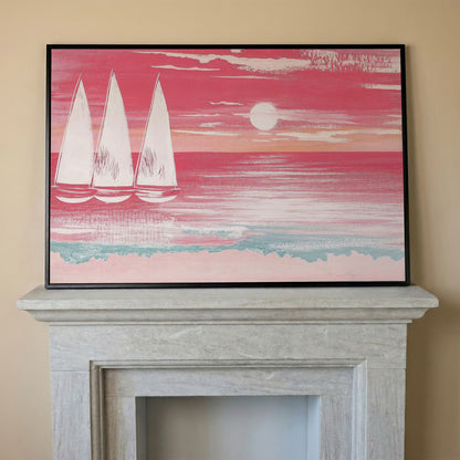 Pink Sailboat at Sunset Canvas Wall Art in black floating frame