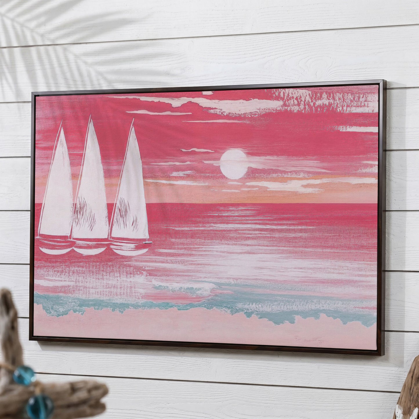 Pink Sailboat at Sunset Canvas Wall Art in dark walnut floating frame