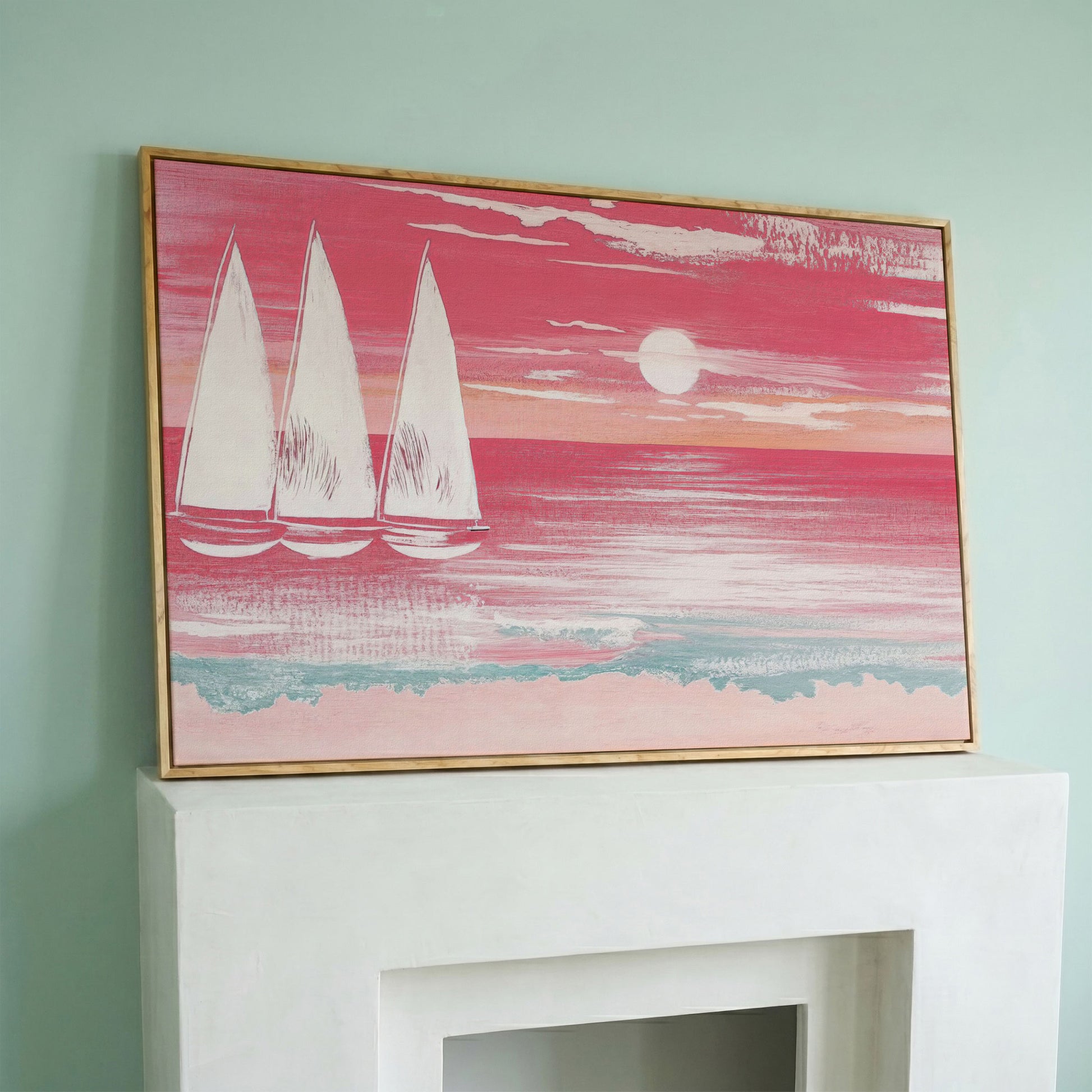 Pink Sailboat at Sunset Canvas Wall Art in white oak floating frame