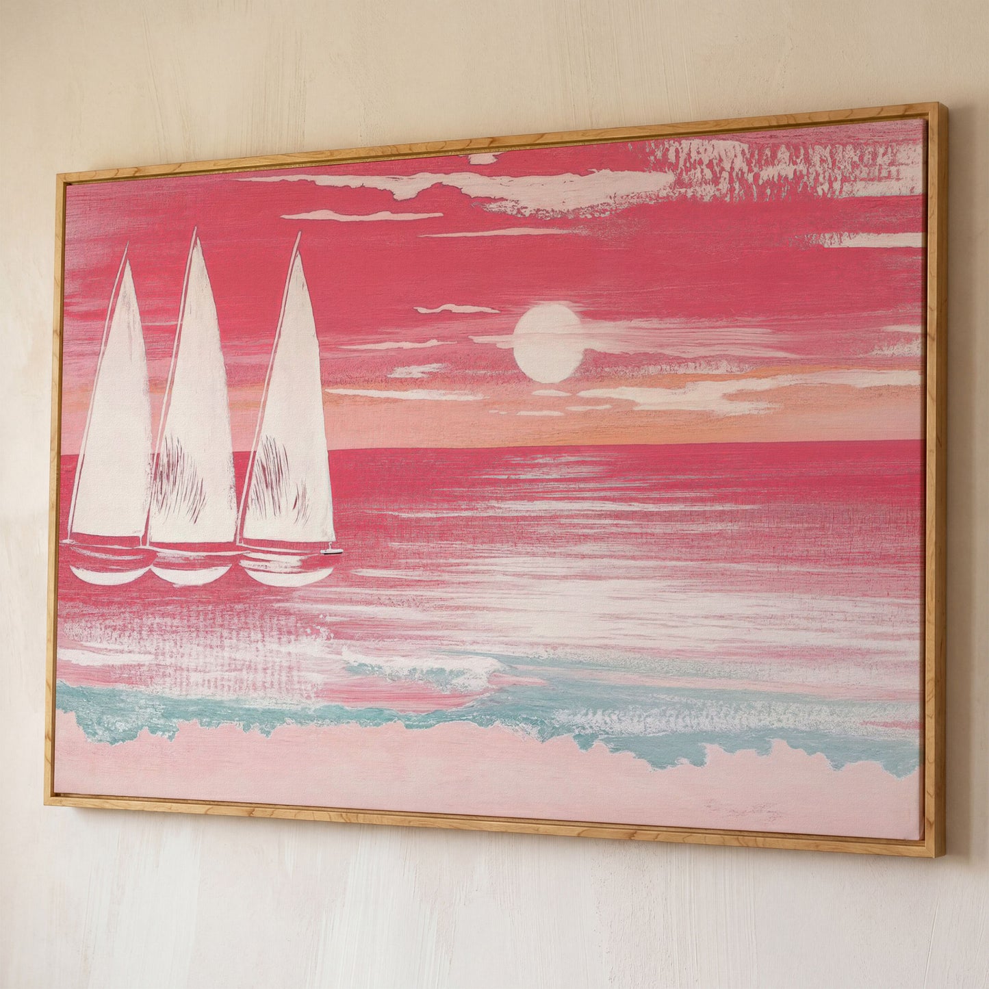 Pink Sailboat at Sunset Canvas Wall Art shown in white oak floating frame