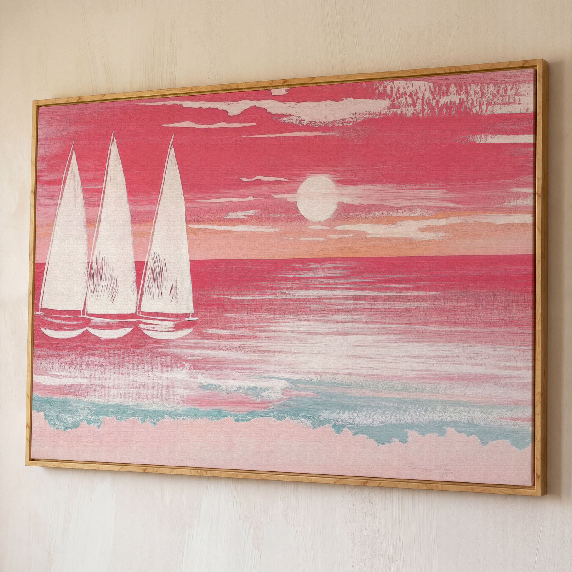 Pink Sailboat at Sunset Canvas Wall Art shown in white oak floating frame