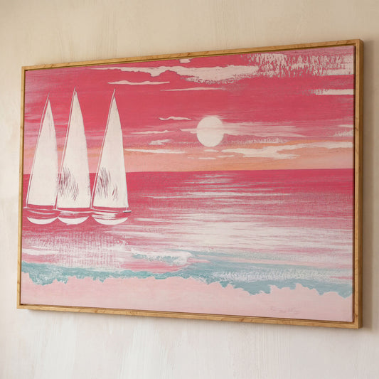 Pink Sailboat at Sunset Canvas Wall Art shown in white oak floating frame