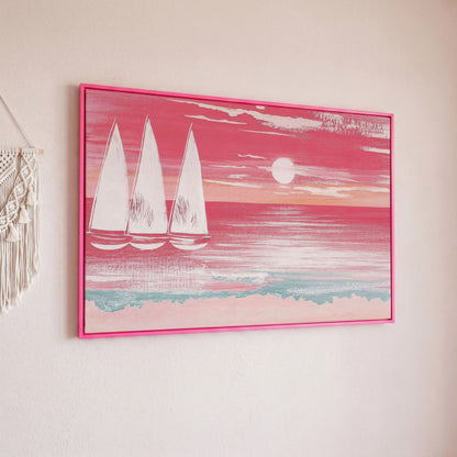 Pink Sailboat at Sunset Canvas Wall Art in pink floating frame