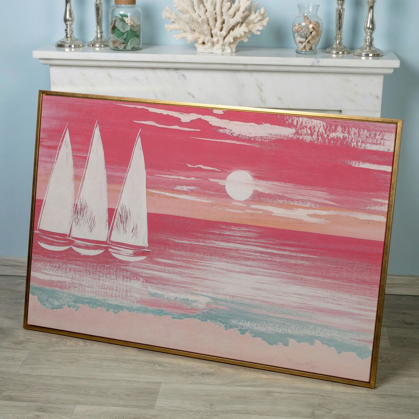 Pink Sailboat at Sunset Canvas Wall Art in rose gold floating frame