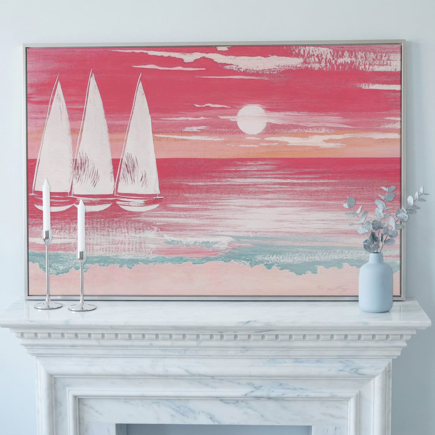 Pink Sailboat at Sunset Canvas Wall Art in silver floating frame