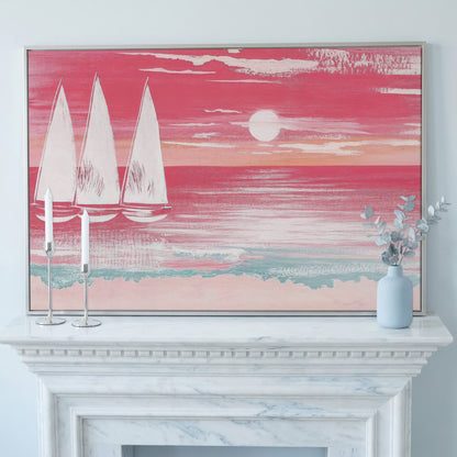 Pink Sailboat at Sunset Canvas Wall Art in silver floating frame