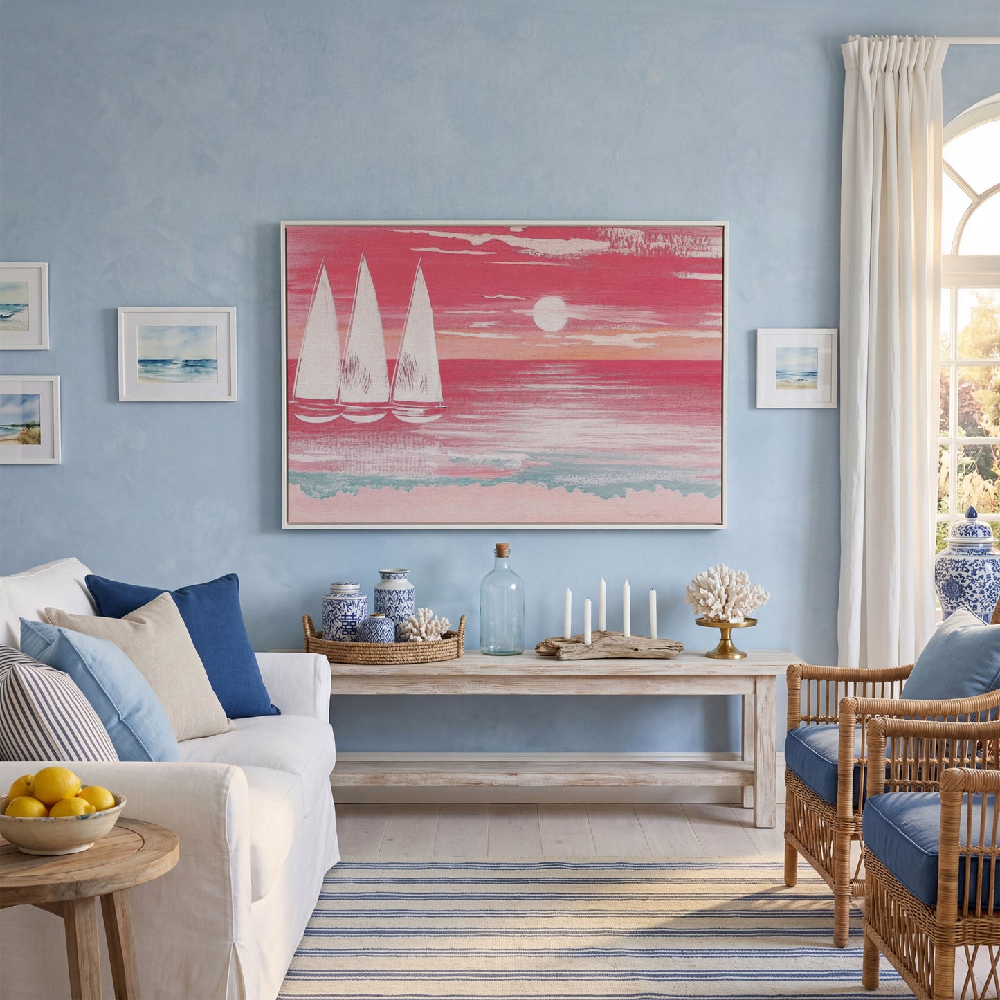 Pink Sailboat at Sunset Canvas Wall Art in white floating frame