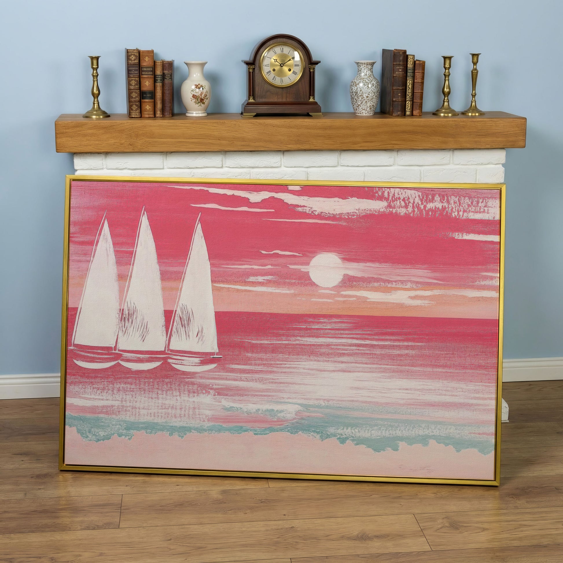 Pink Sailboat at Sunset Canvas Wall Art in yellow gold floating frame