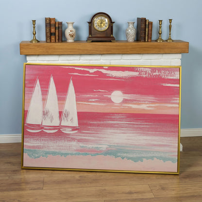 Pink Sailboat at Sunset Canvas Wall Art in yellow gold floating frame