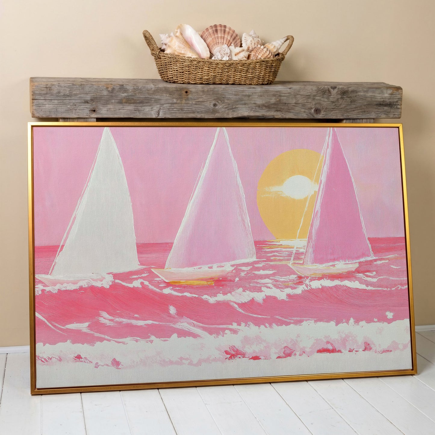 Pink Sailboats at Sunset Canvas Art in antique gold floating frame