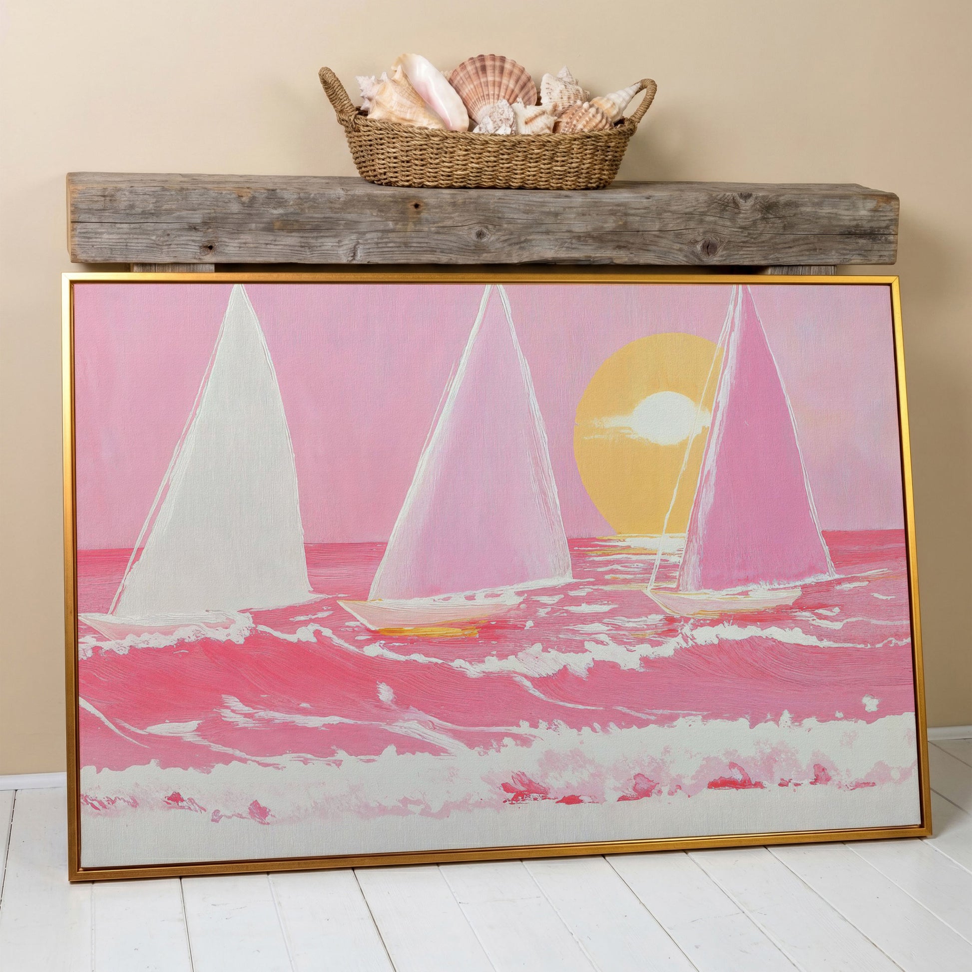 Pink Sailboats at Sunset Canvas Art in antique gold floating frame