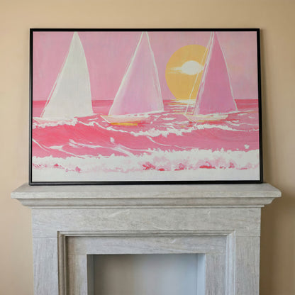 Pink Sailboats at Sunset Canvas Art in black floating frame