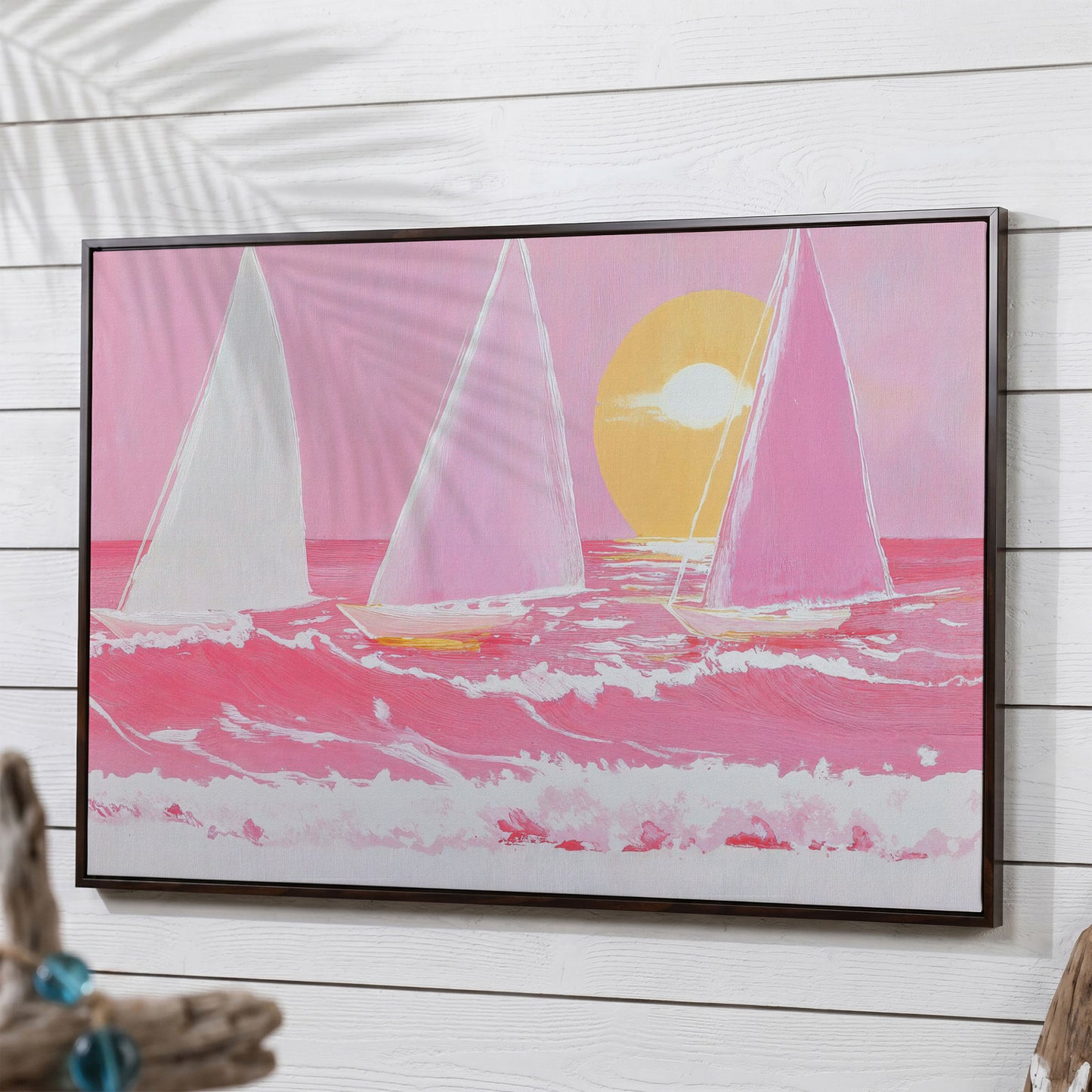 Pink Sailboats at Sunset Canvas Art in dark walnut floating frame