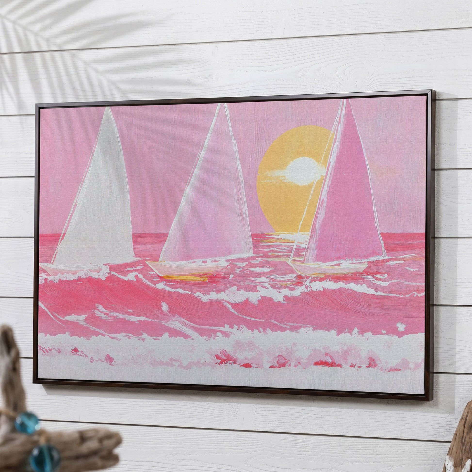 Pink Sailboats at Sunset Canvas Art in dark walnut floating frame