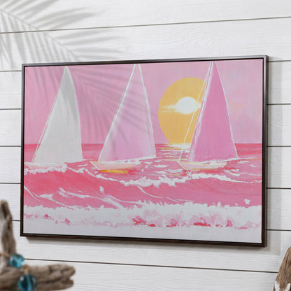 Pink Sailboats at Sunset Canvas Art in dark walnut floating frame