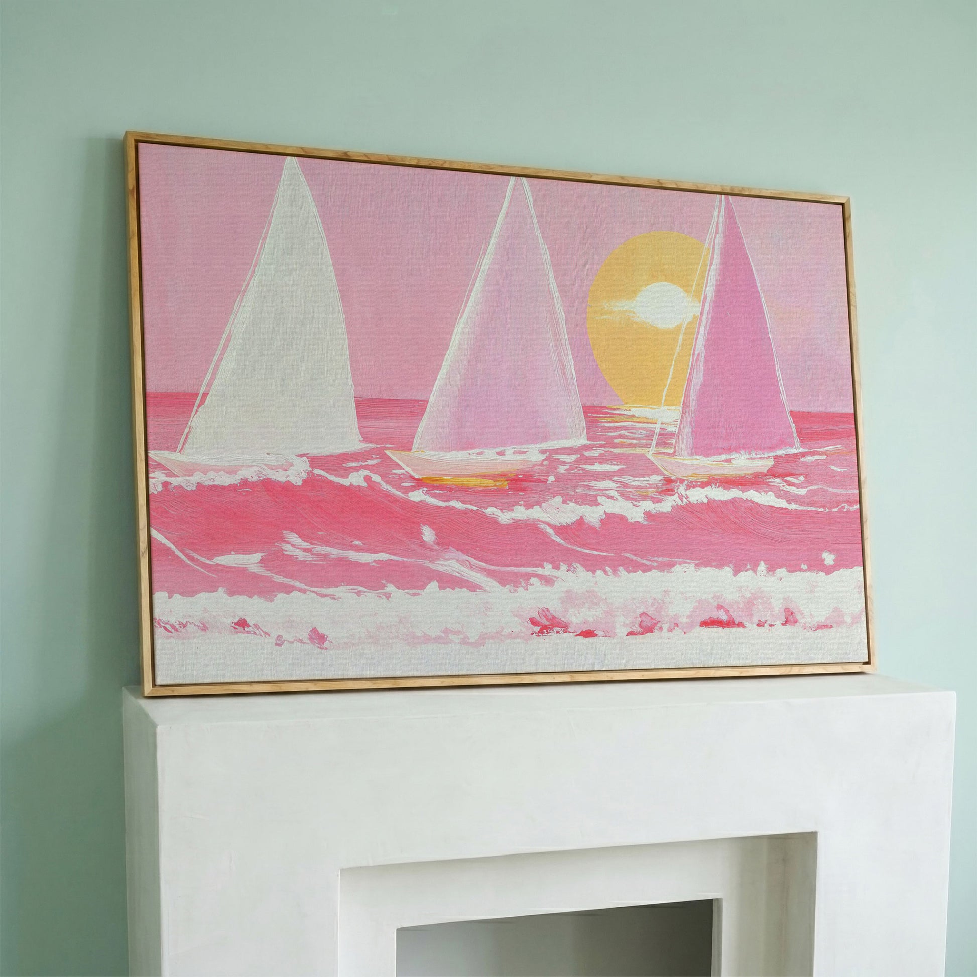 Pink Sailboats at Sunset Canvas Art in white oak floating frame