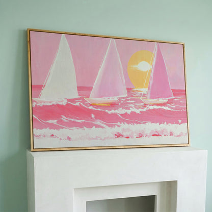 Pink Sailboats at Sunset Canvas Art in white oak floating frame