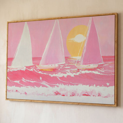 Pink Sailboats at Sunset Canvas Art shown in white oak floating frame
