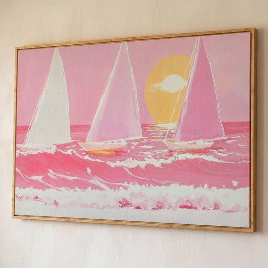 Pink Sailboats at Sunset Canvas Art shown in white oak floating frame