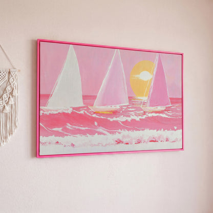 Pink Sailboats at Sunset Canvas Art in pink floating frame