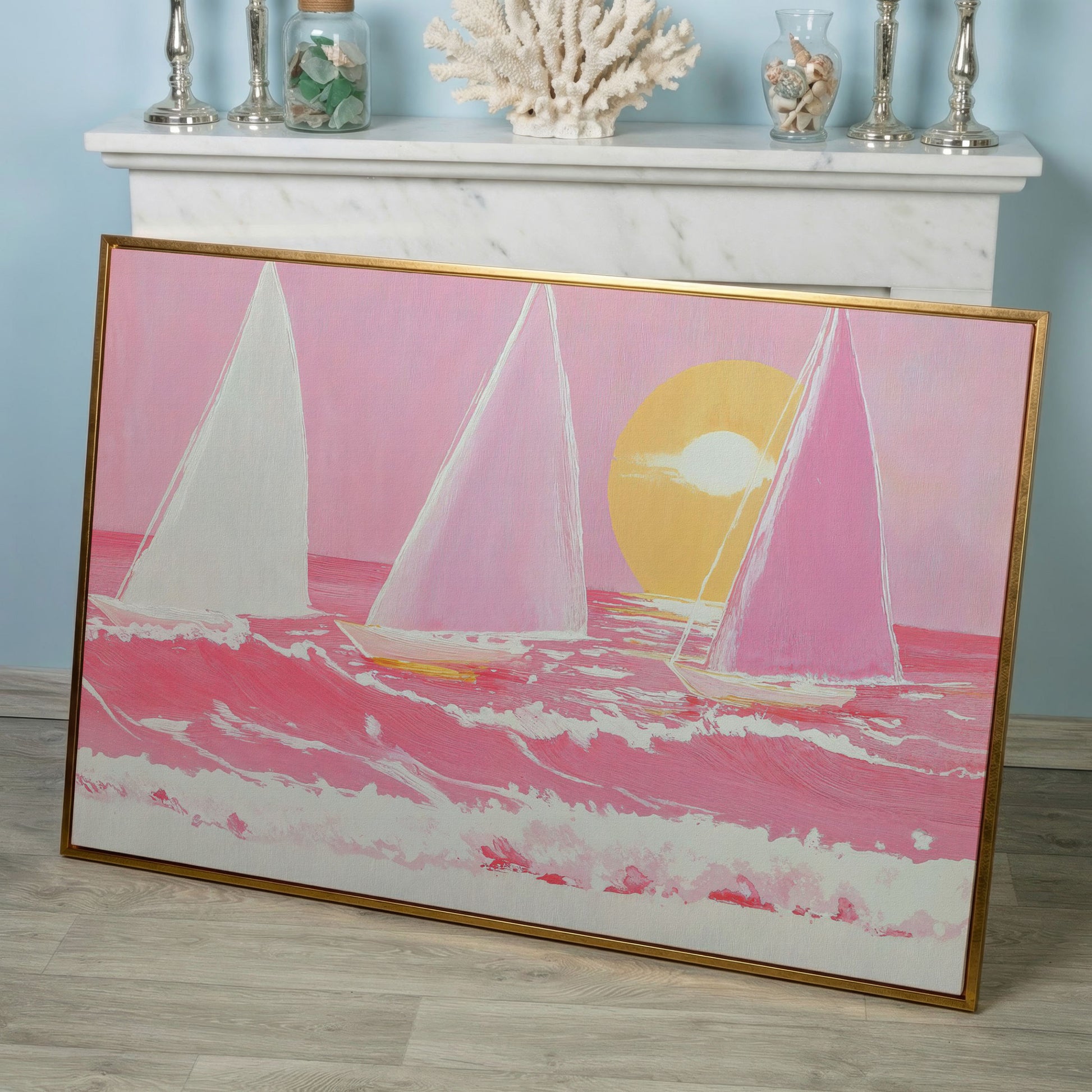 Pink Sailboats at Sunset Canvas Art in rose gold floating frame