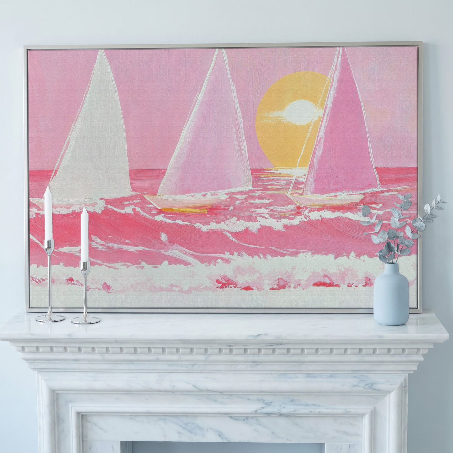 Pink Sailboats at Sunset Canvas Art in silver floating frame