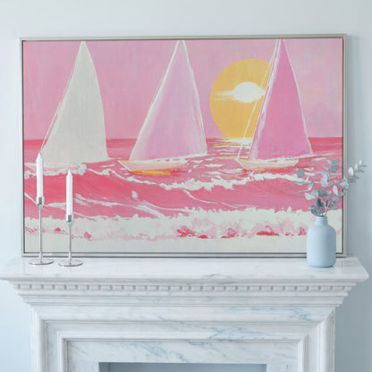 Pink Sailboats at Sunset Canvas Art in silver floating frame