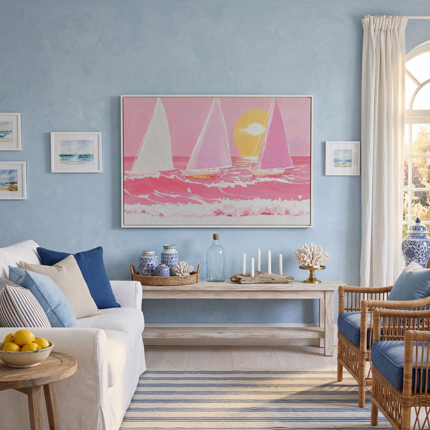 Pink Sailboats at Sunset Canvas Art in white floating frame