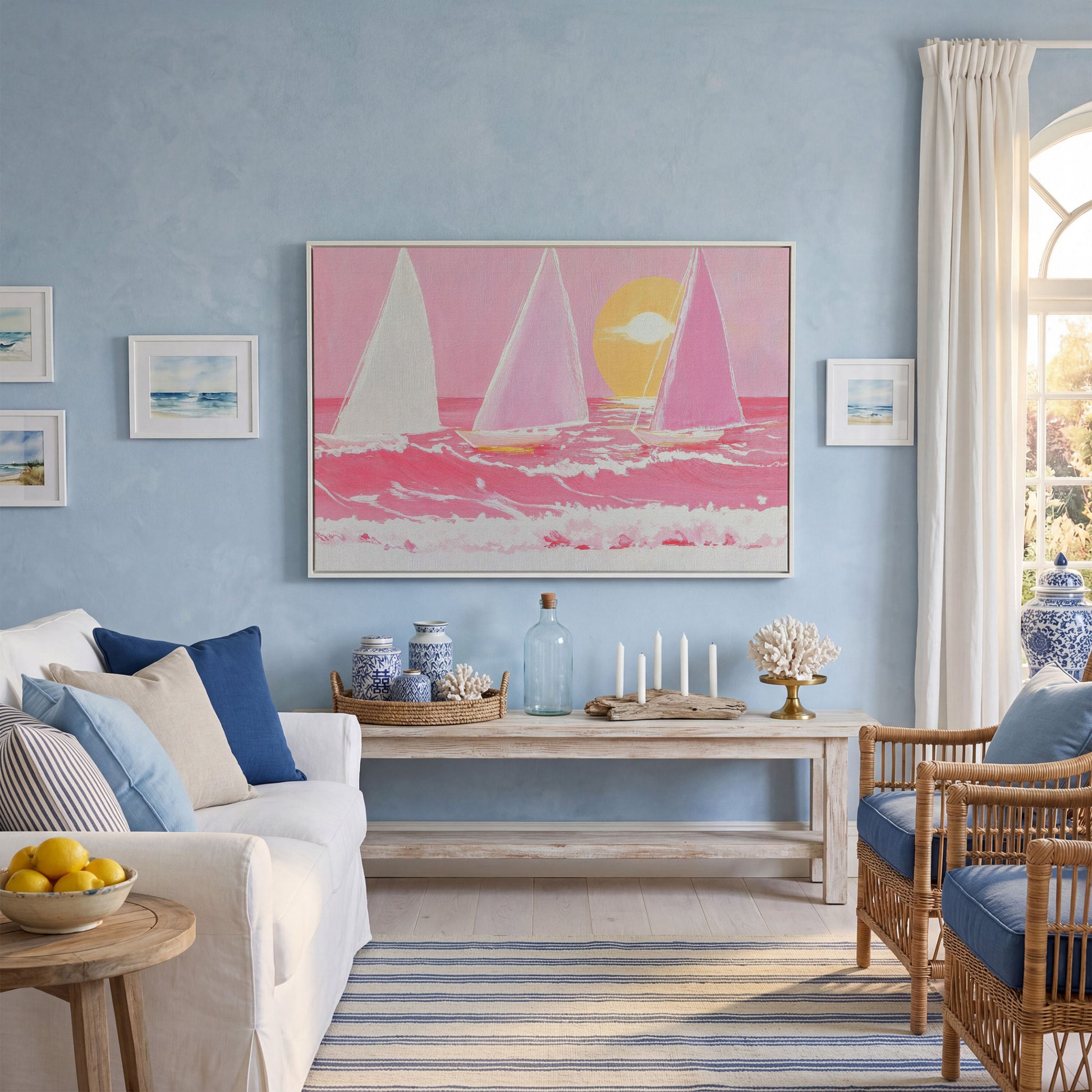 Pink Sailboats at Sunset Canvas Art in white floating frame