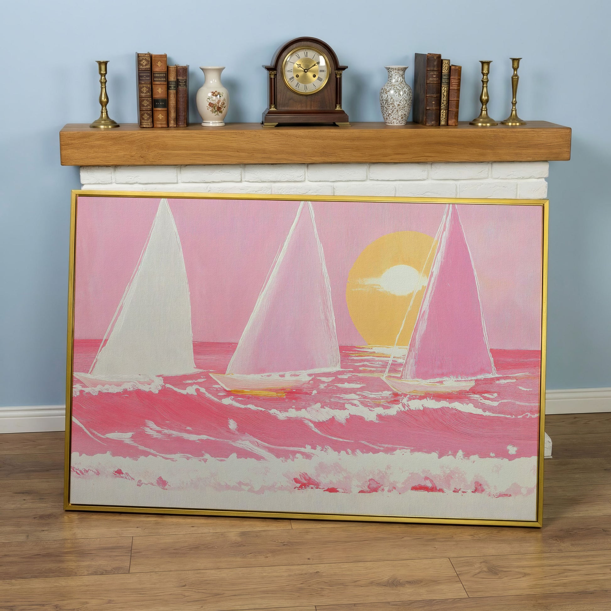 Pink Sailboats at Sunset Canvas Art in yellow gold floating frame