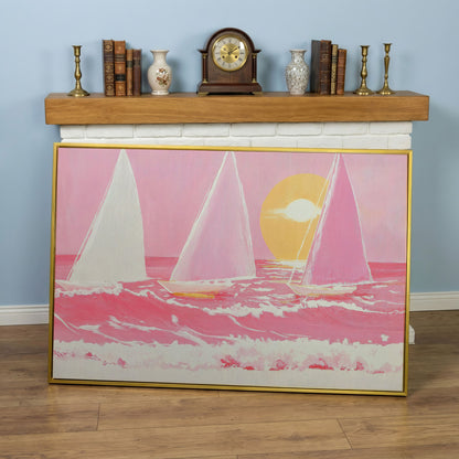 Pink Sailboats at Sunset Canvas Art in yellow gold floating frame