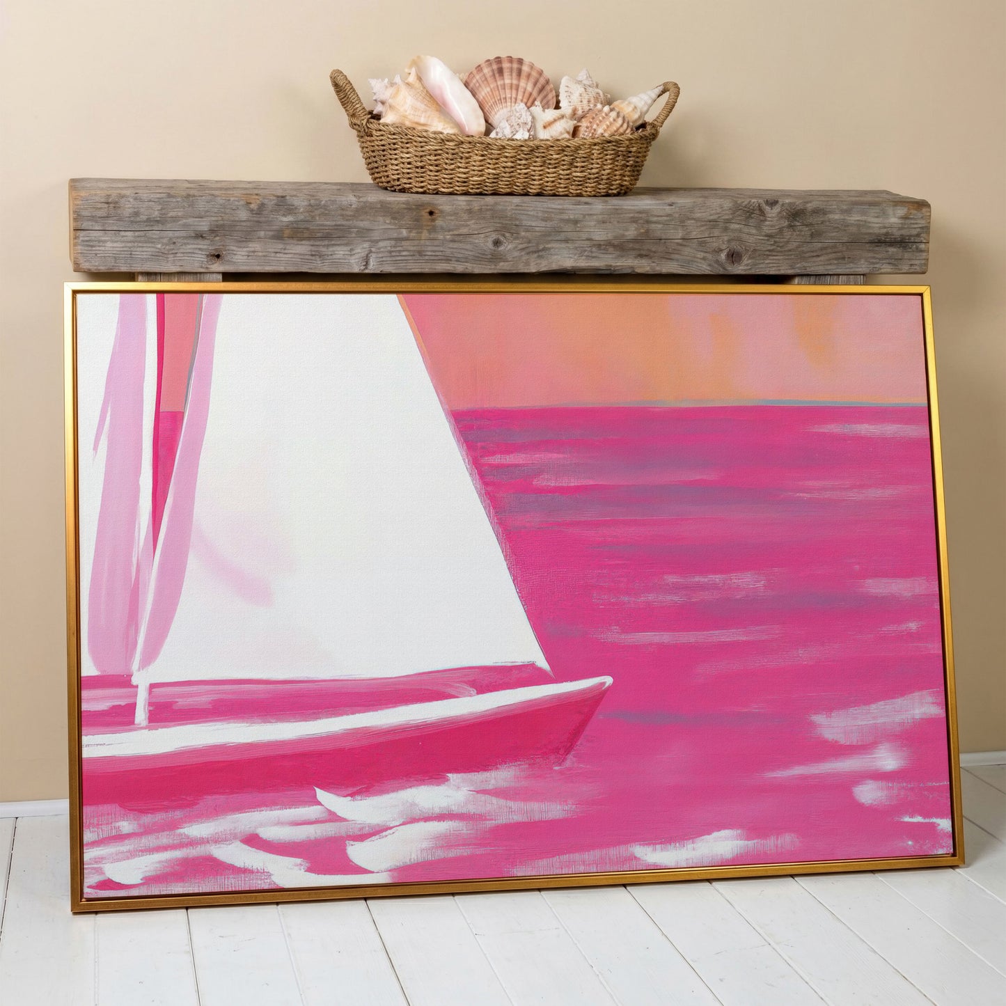 Pink Sailboat Canvas Print with Coastal Abstract Design in antique gold floating frame