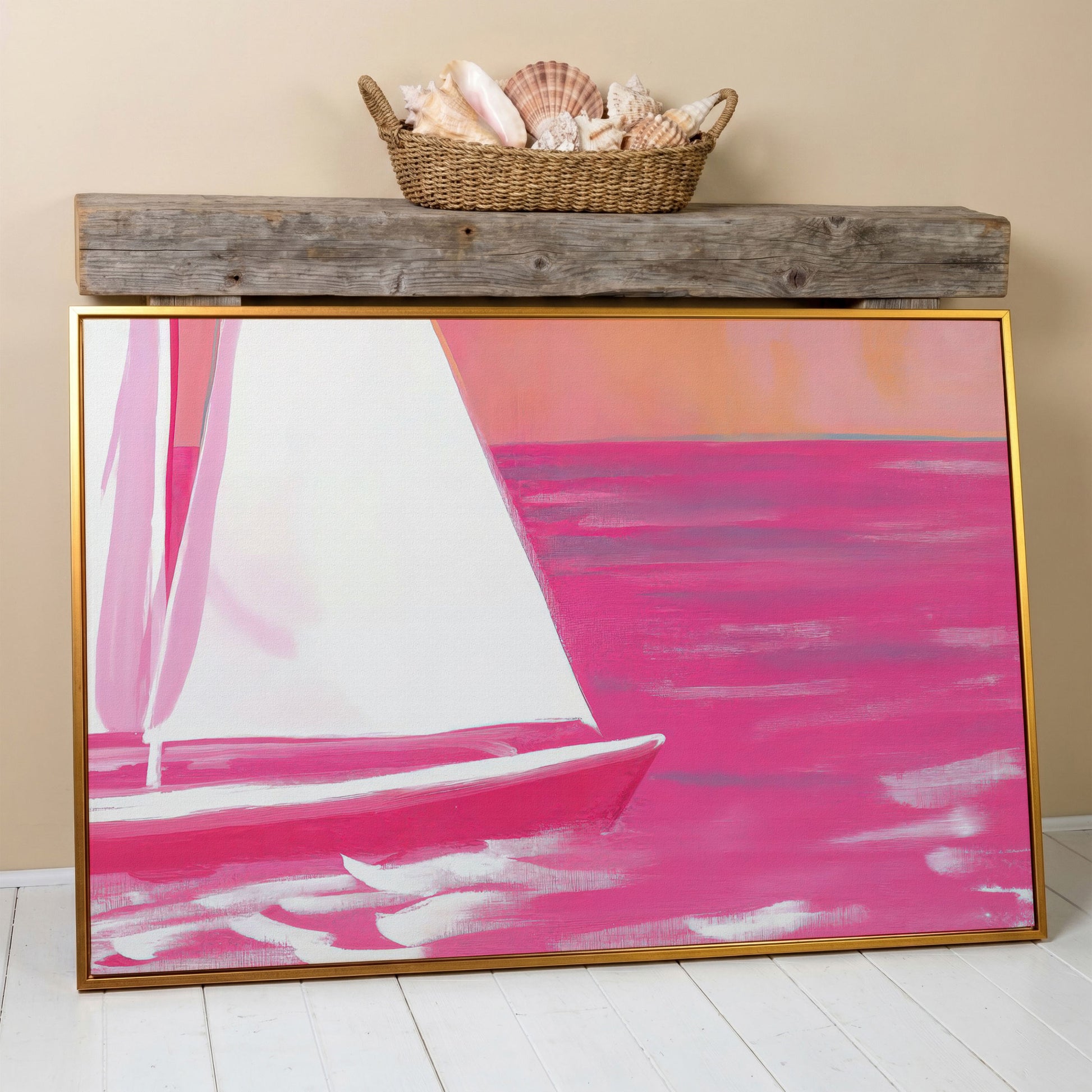 Pink Sailboat Canvas Print with Coastal Abstract Design in antique gold floating frame