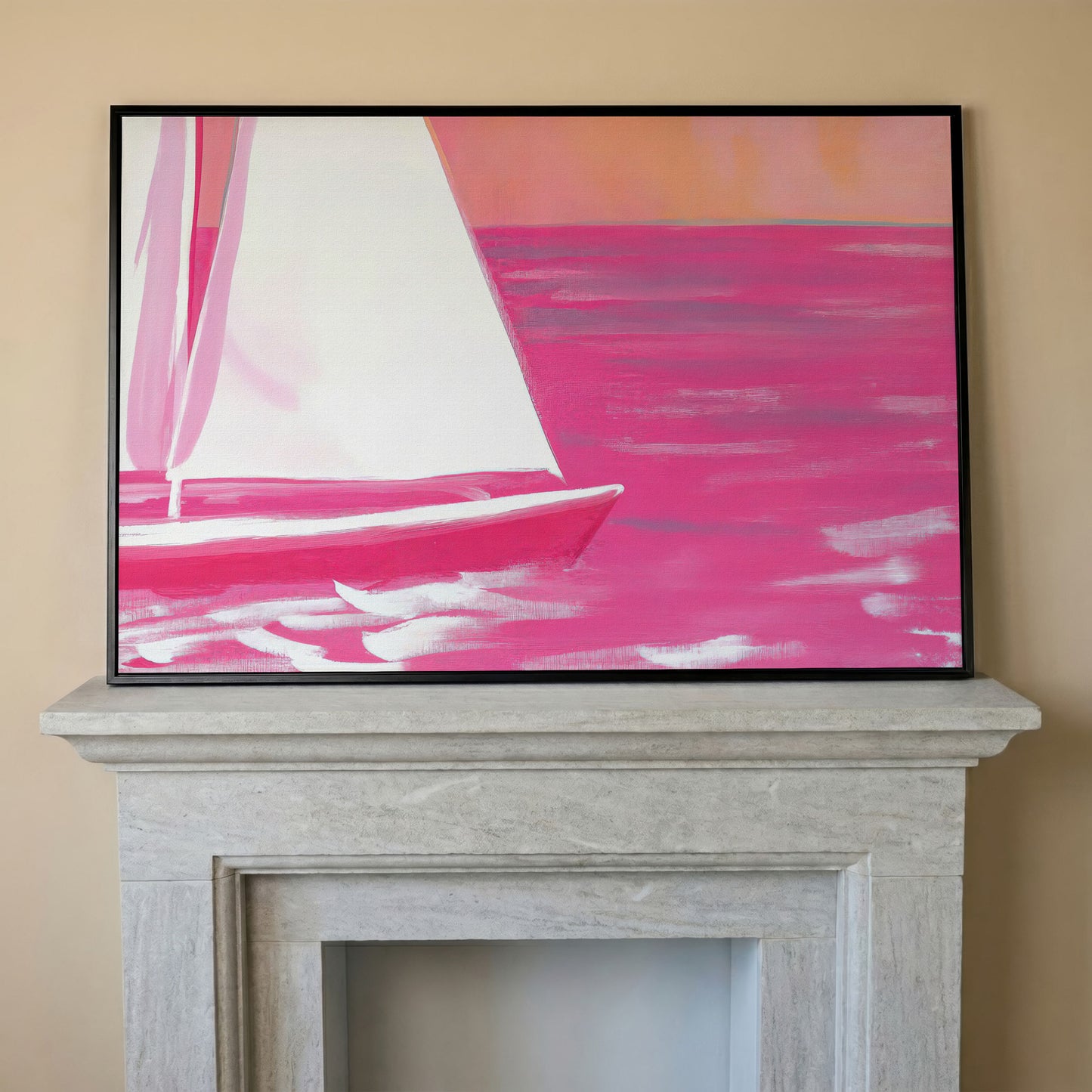 Pink Sailboat Canvas Print with Coastal Abstract Design in black floating frame
