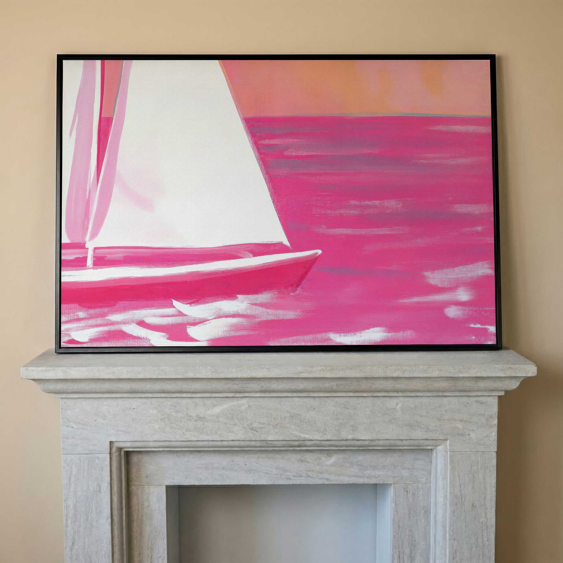 Pink Sailboat Canvas Print with Coastal Abstract Design in black floating frame