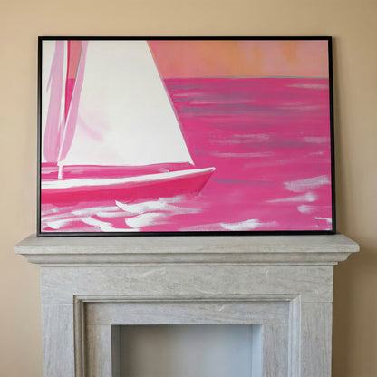 Pink Sailboat Canvas Print with Coastal Abstract Design in black floating frame