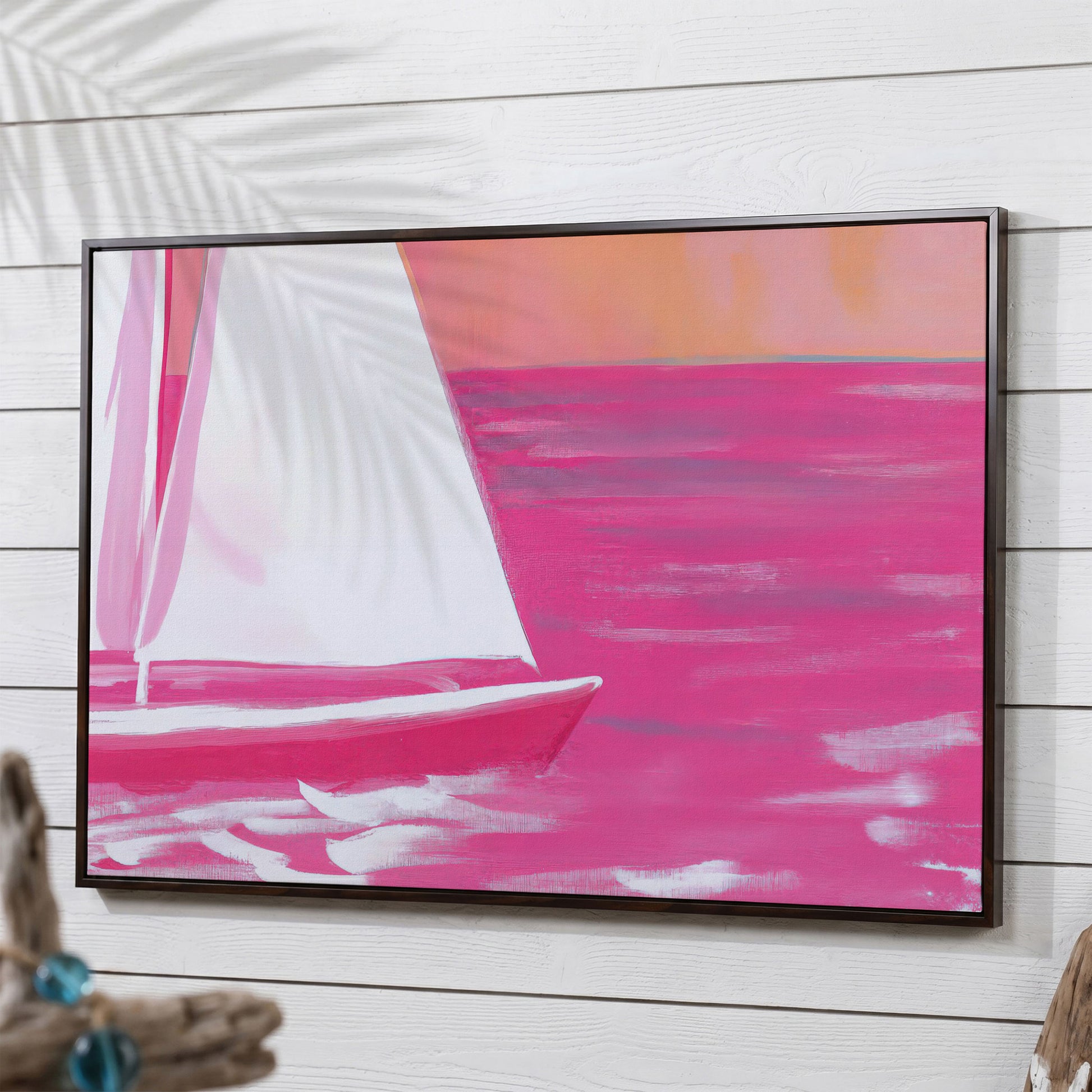 Pink Sailboat Canvas Print with Coastal Abstract Design in dark walnut floating frame