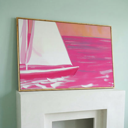 Pink Sailboat Canvas Print with Coastal Abstract Design in white oak floating frame