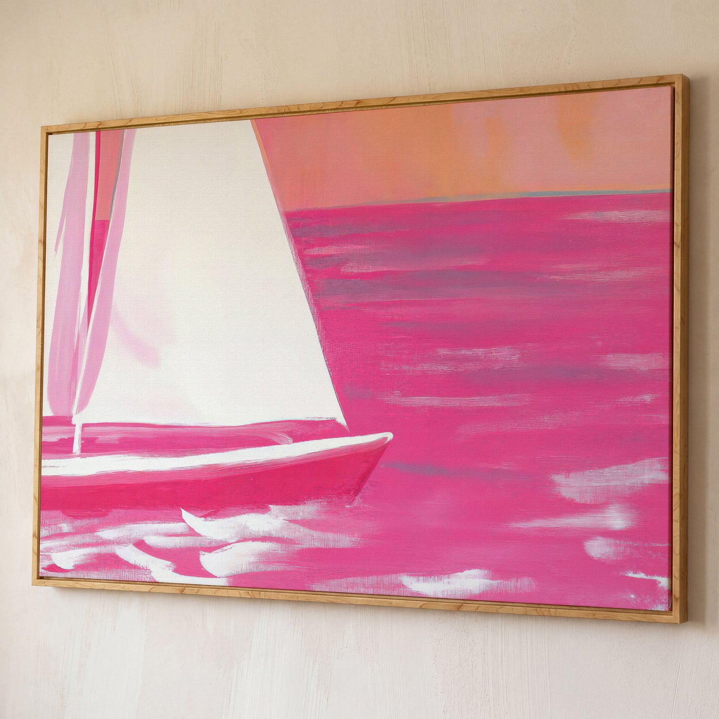 Pink Sailboat Canvas Print with Coastal Abstract Design shown in white oak floating frame