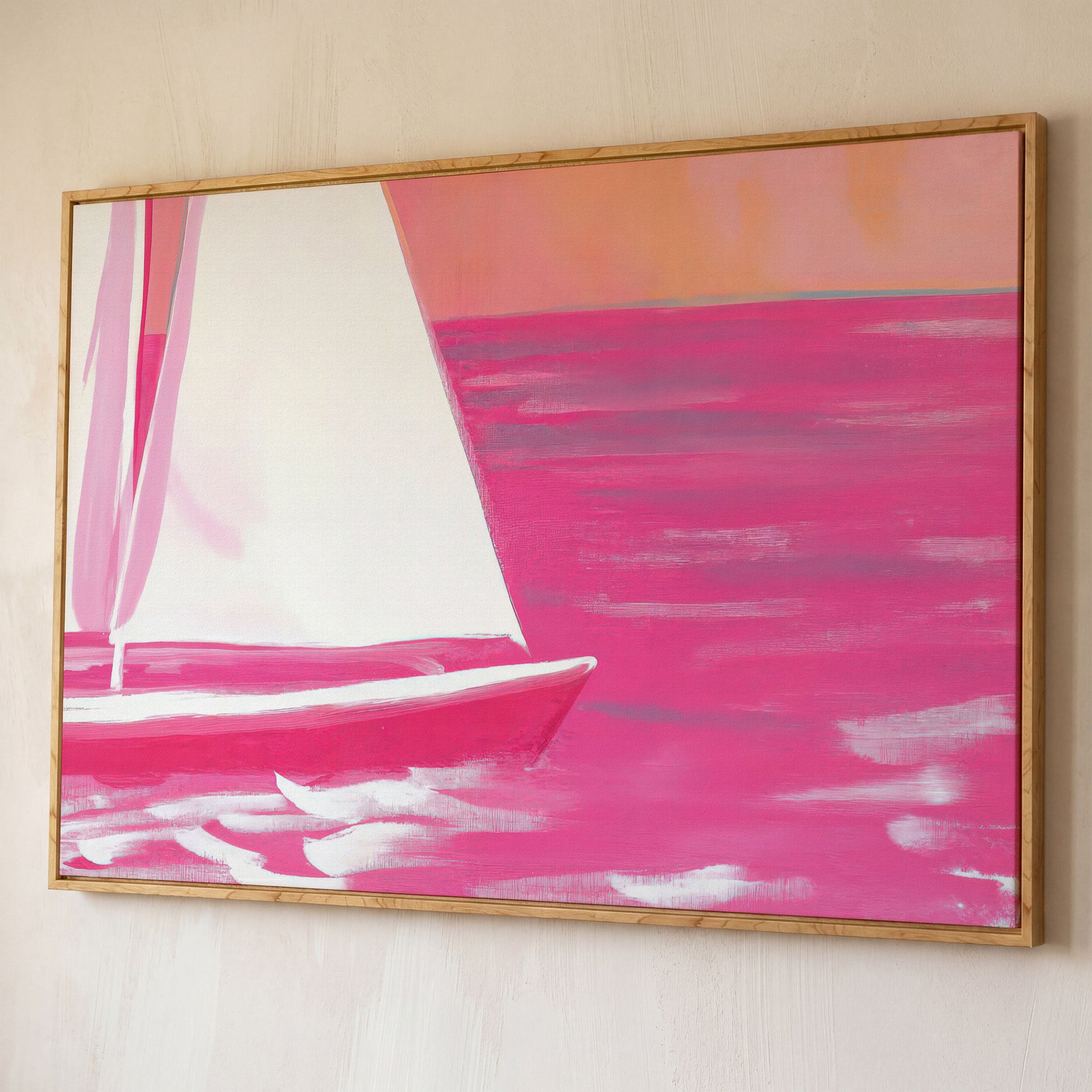 Pink Sailboat Canvas Print with Coastal Abstract Design shown in white oak floating frame