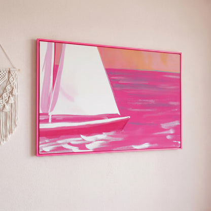 Pink Sailboat Canvas Print with Coastal Abstract Design in pink floating frame