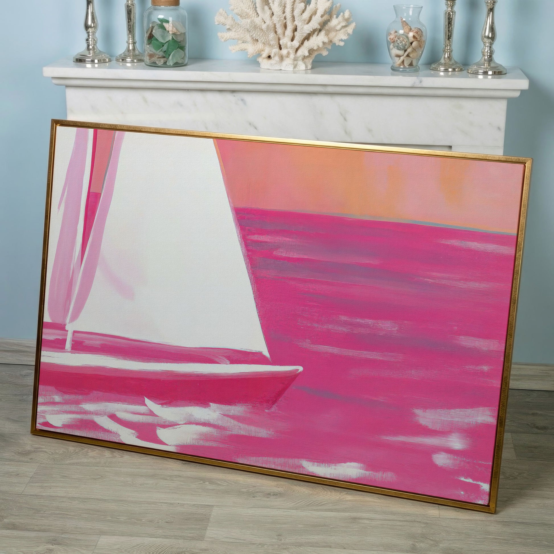 Pink Sailboat Canvas Print with Coastal Abstract Design in rose gold floating frame