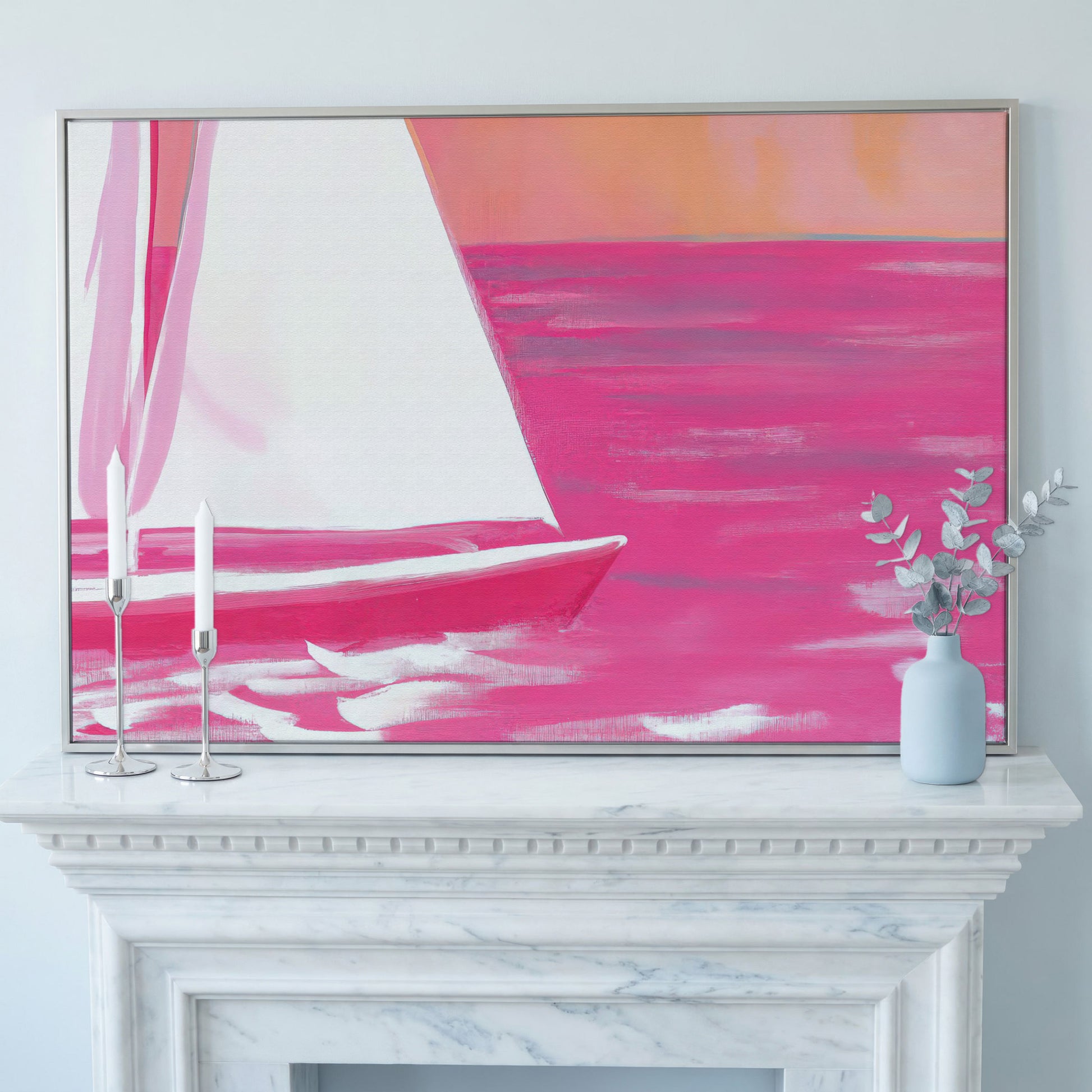 Pink Sailboat Canvas Print with Coastal Abstract Design in silver floating frame