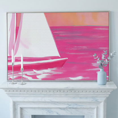 Pink Sailboat Canvas Print with Coastal Abstract Design in silver floating frame