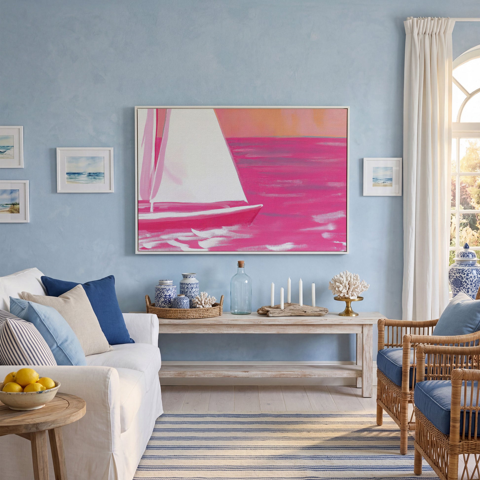 Pink Sailboat Canvas Print with Coastal Abstract Design in white floating frame