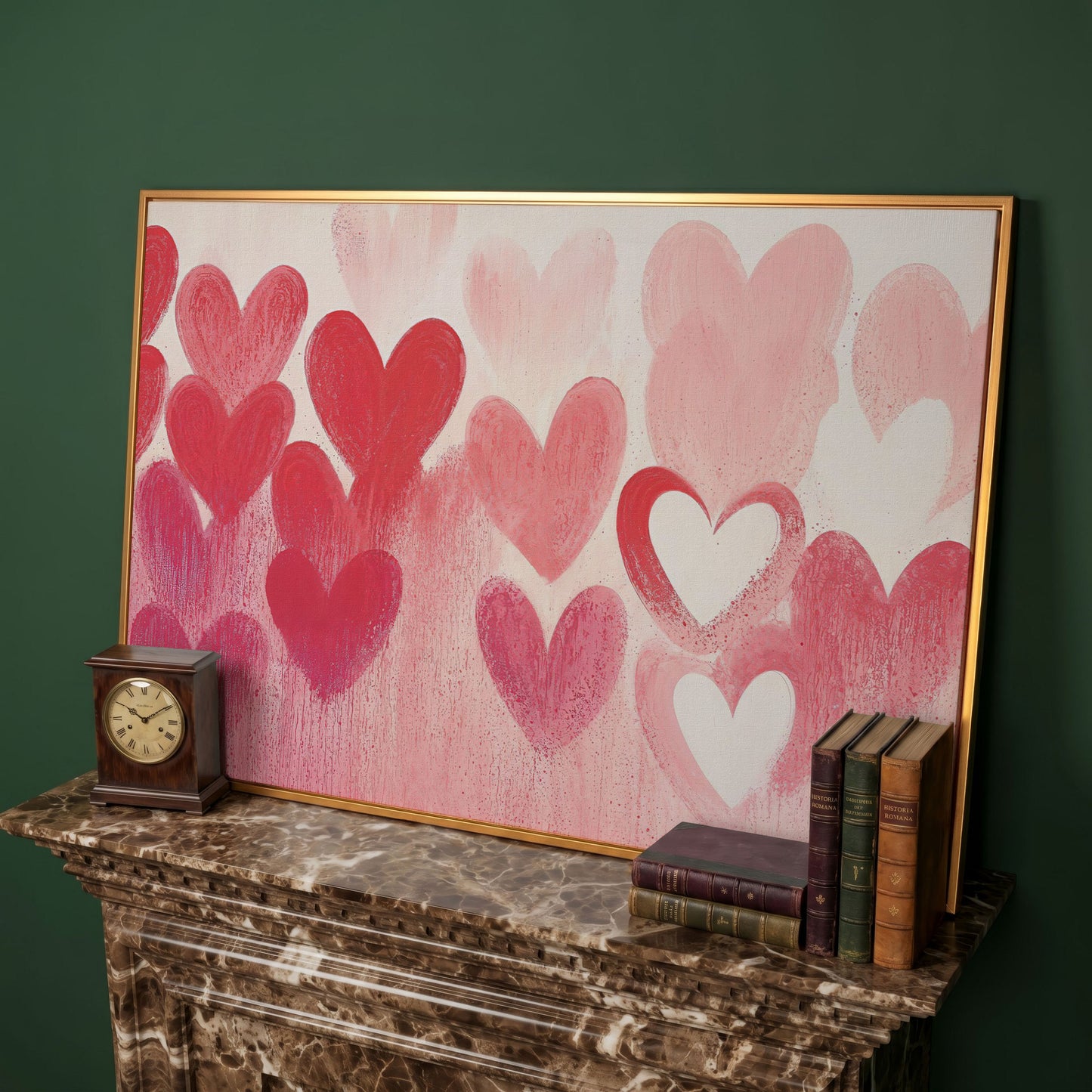 Pink & Red Hearts Canvas Print in antique gold floating frame