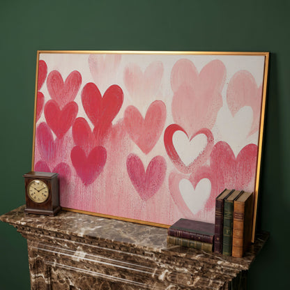 Pink & Red Hearts Canvas Print in antique gold floating frame